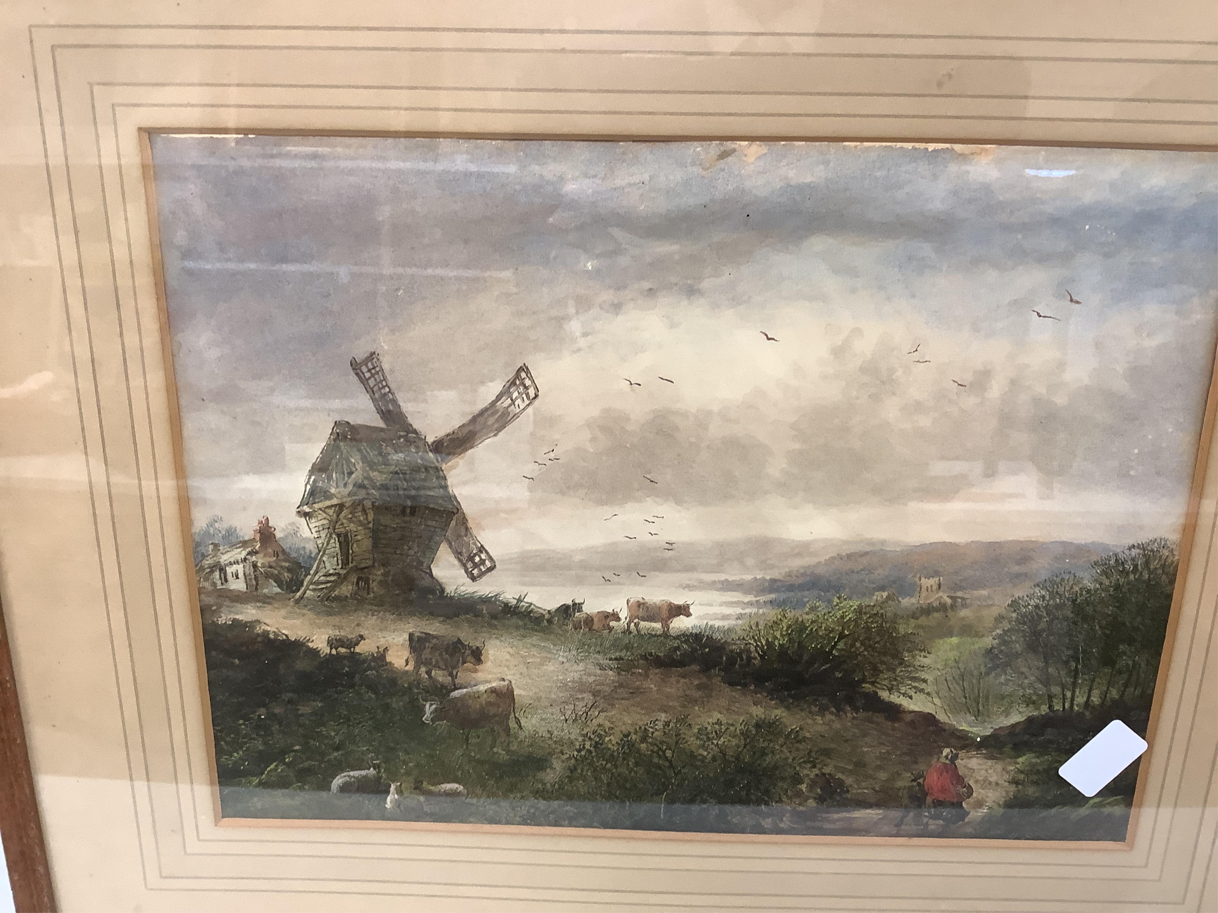 A collection of seven 19th century watercolour paintings to include, by - T.S Robins - ‘’Fishing boats in a choppy sea, signed; C.F. Buckley, 'Dove Dale, Derbyshire’, signed; Hercules Brabazon Brabazon, 'Fishing boats at